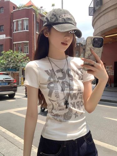 [210g, 40-count Pure Cotton] White Letter-Printed Crew-Neck Short-Sleeve T-Shirt for Women – Summer, Slim-Fit, and Figure-Slimming Fashion Top