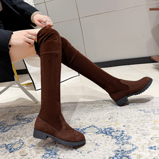 plus size round head slimming knee boots women's foreign trade 2024 suede winter back lace cross-border low heel stretch thin boots