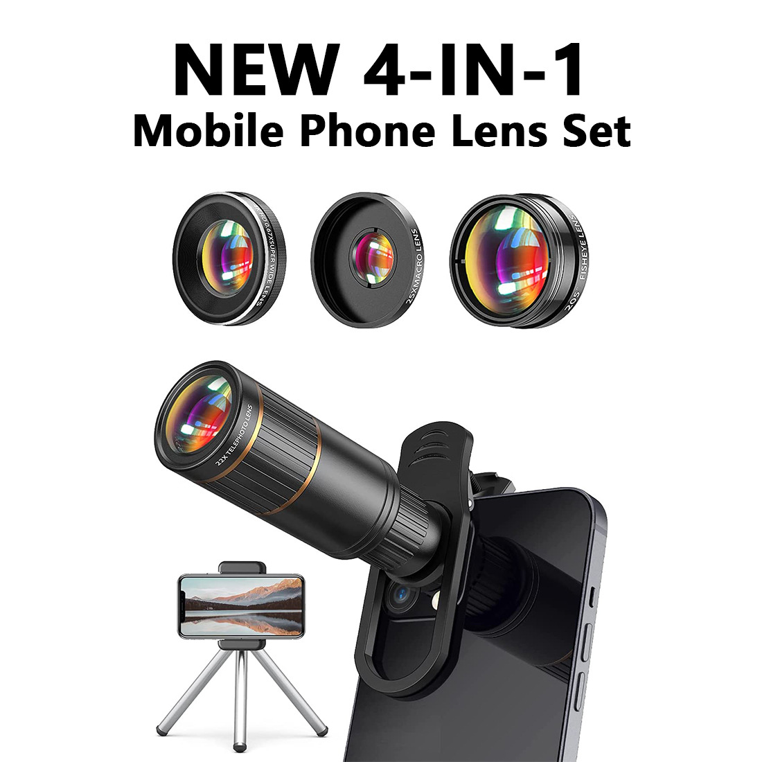 Cross-border exclusive high-definition four-in-one mobile phone lens set with telephoto, wide-angle, macro, and fisheye, Amazon exclusive supply source
