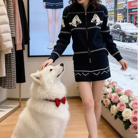 黑色提花毛衣套装女2025新款冬穿搭一整套针织上衣女半身裙两件套