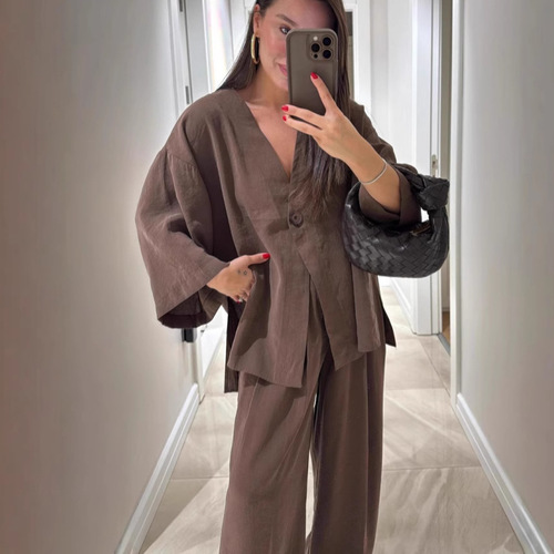 Women's fashionable casual suit V-neck one-button loose long-sleeved top high-waisted trousers two-piece set