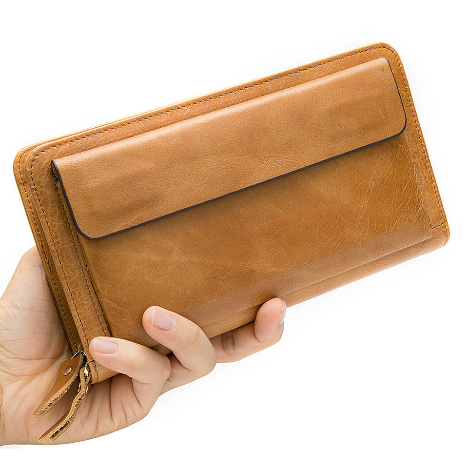 Ví nam da bò thật dáng dài kiểu clutch có khóa kéo hai lớp và ngăn đựng tiền xu — Cà phê/khóa kéo đơn, Màu Đen/khóa kéo đơn, 9013 màu đen, Cà phê 9013