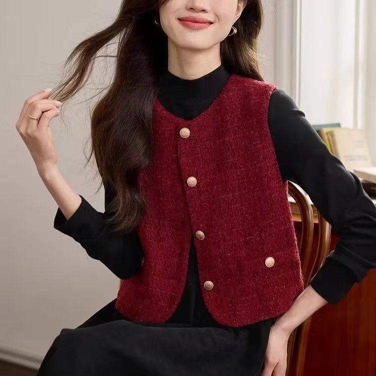 New Year's Red Vest Outer Wear New Sleeveless Fragrant Vest Fashionable Jacket Top Waistcoat Tweed