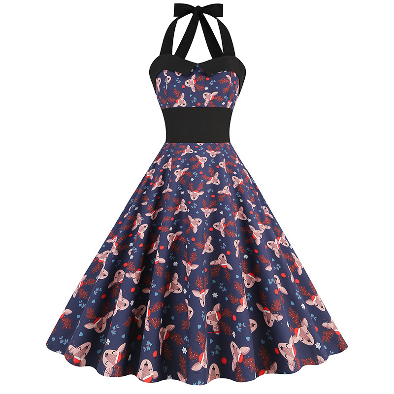 Christmas party dress 50 s carnival vintage elk printed halter dress cross-border women's clothing in stock