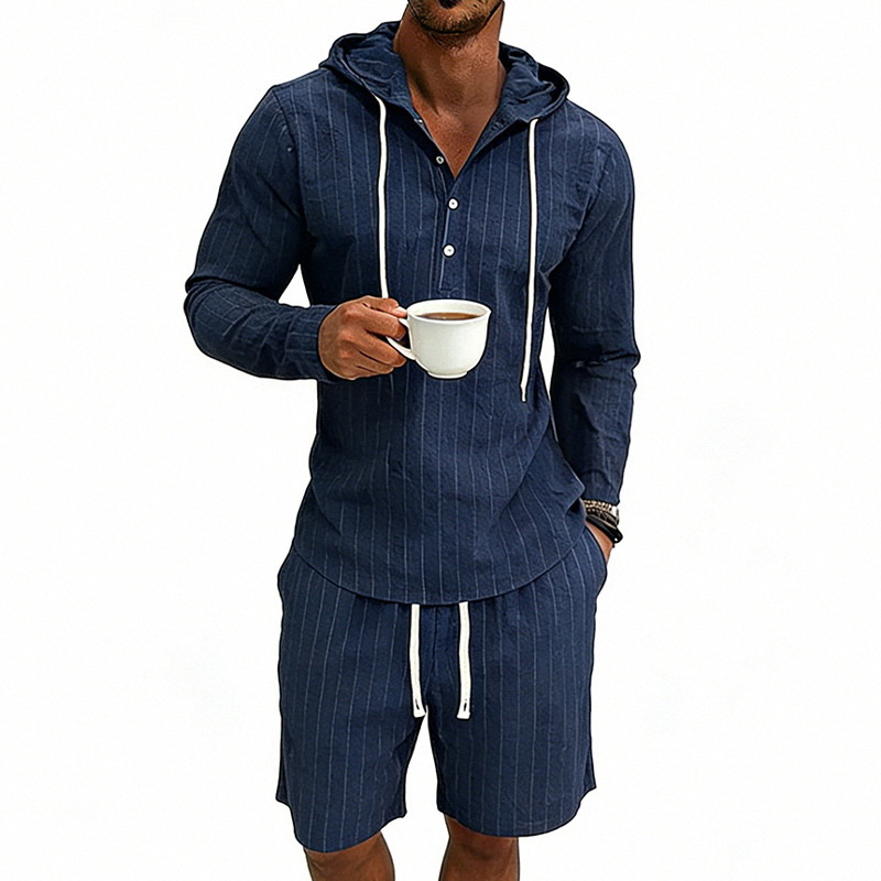 Men's Linen Long Sleeve Hooded Henley Shirt With Shorts Set, Jacquard Vertical Stripe Pattern, Relaxed Fit For Summer Commute And Casual Wear_viptrois.com