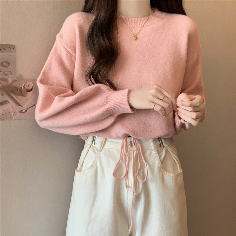 Coreano de color sólido simple perezoso estilo pequeño suéter de moda de otoño y invierno de cuello redondo cuerdas sueltas jersey de tendencia image 10