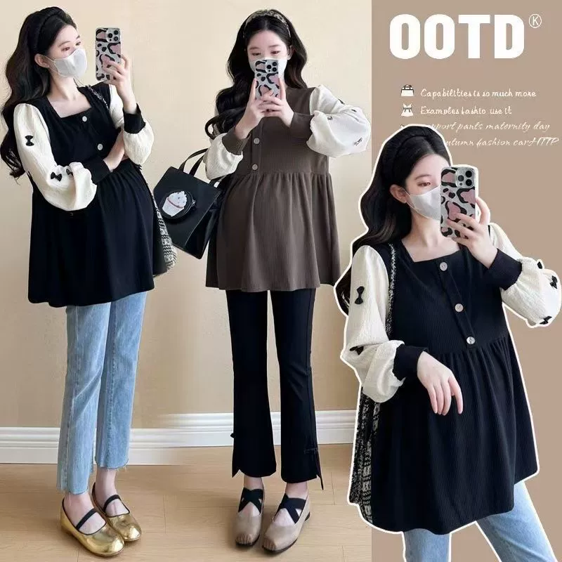 Квадратный воротник контрастный цвет топ с длинными рукавами рубашка беременная весна и осень новая свободная тонкая рубашка