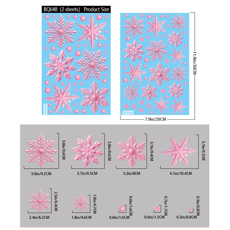 亚马逊圣诞贴纸立体金色雪花静电贴圣诞派对用品冬季粉色雪花窗贴|undefined