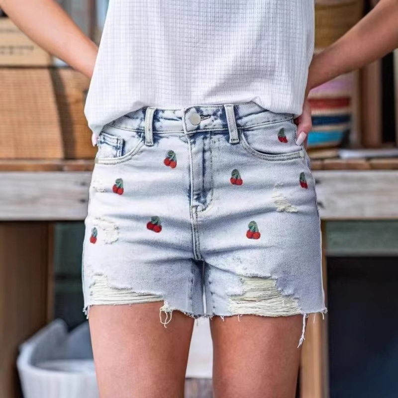 European and American Cross-Border Foreign Trade 2026 New Women's Jeans with Cherry Embroidery, Vintage-Style Casual Sexy Denim Shorts
