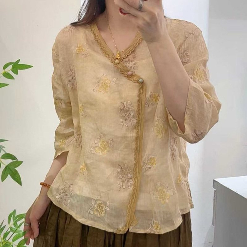 Ramie shirt 2026 summer new retro ethnic style embroidered ramie shirt for women embroidered ramie top for women