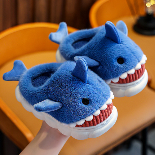 Children's cotton slippers for boys and girls cute cartoon shark slippers for autumn and winter home indoor baby thick-soled slippers