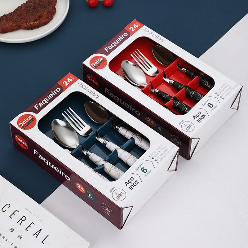 Single finger bowling handle marble pattern PP handle Western tableware 410 stainless steel knife and fork spoon coffee spoon four-piece set