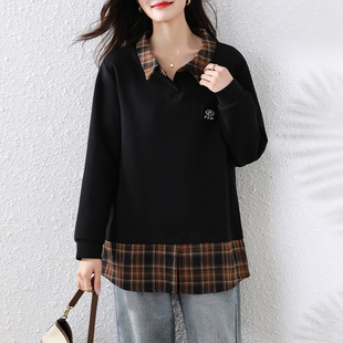 Fake Two-Piece Plaid Shirt Women's Long-Sleeved Spring and Autumn New Loose Stitching Lapel Sweater Belly Covering Top plus size