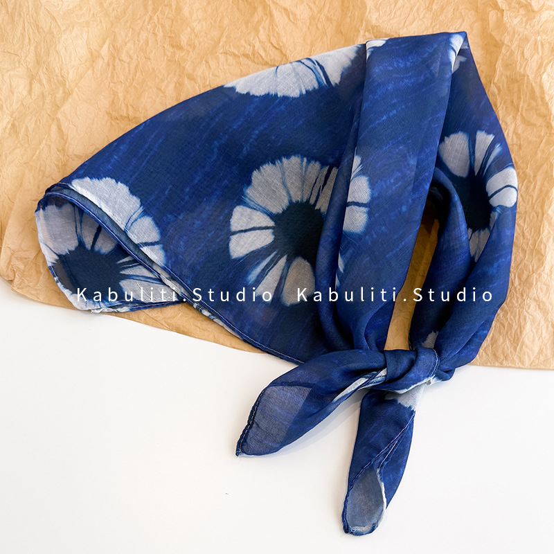 云南扎染蓝色小方巾丝巾女三角包头防晒发带护颈围脖子薄纱巾围巾