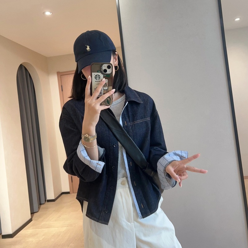 WTHEONE高品质拼接格纹小个子短款天丝翻领牛仔衬衫外套女2025秋|undefined