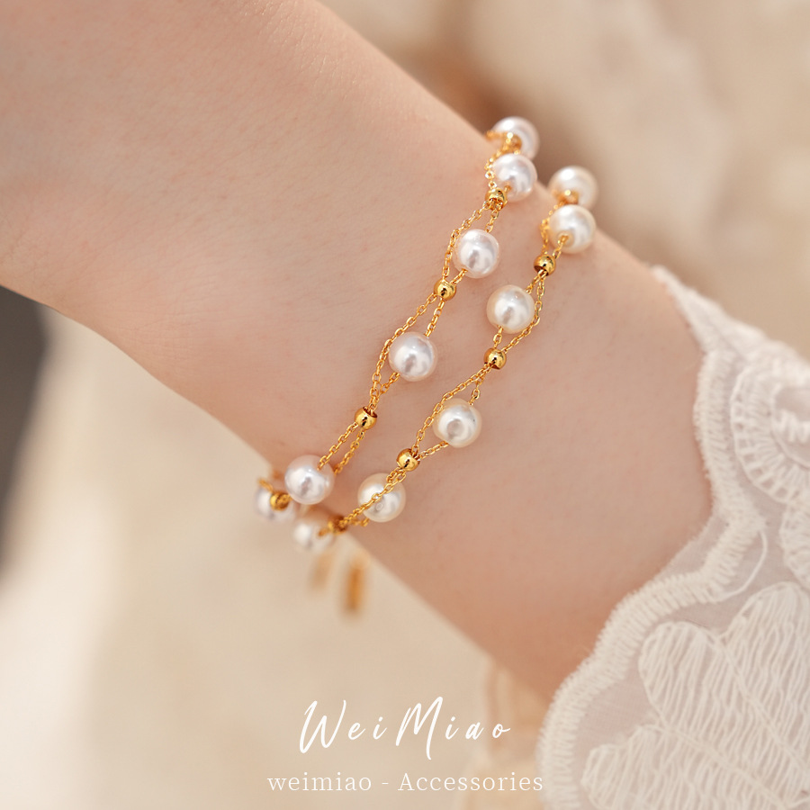 18k oro real chapado perlas de doble capa cruzada pulsera de extracción ligera pulsera de nicho de lujo personalidad joyas de mano mujer image 3