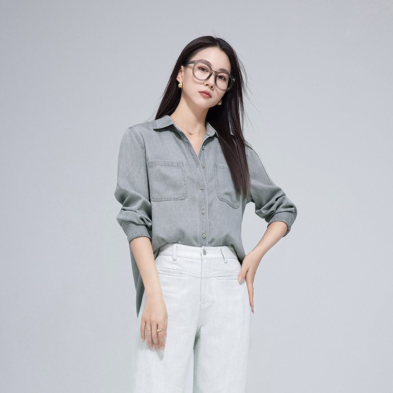 Áo sơ mi denim nữ tay dài phong cách đơn giản, chất liệu lyocell, có túi công vụ — Màu hồng