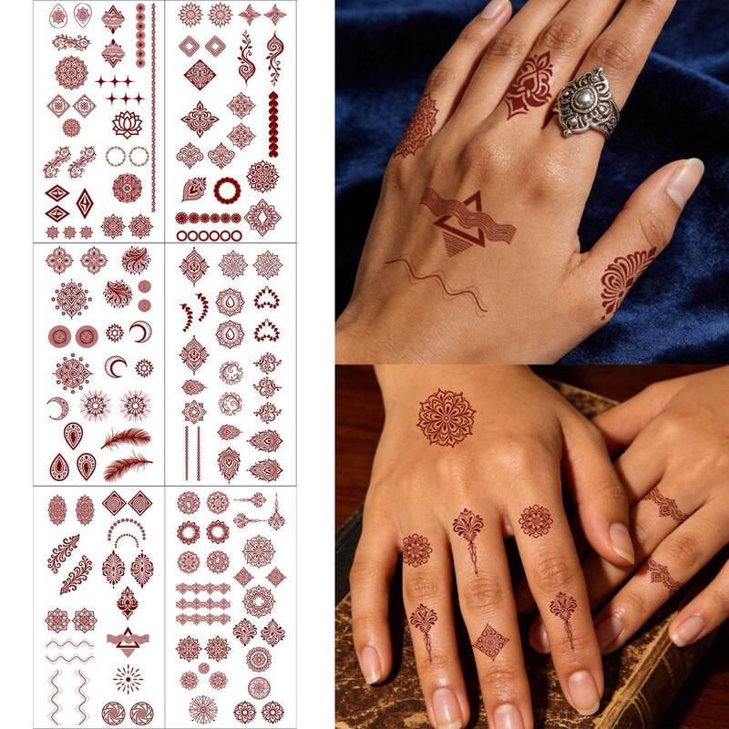 2026 New Cross-Border Red Henna Tattoo Stickers for Fingers and Back of Hands, Small Patterns, Disposable Temporary Water Transfer Stickers