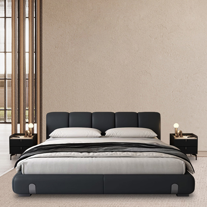Fábrica de suministro de diseño minimalista italiano cama de cuero real 1.8m simple moderna pequeña cama doble dormitorio principal