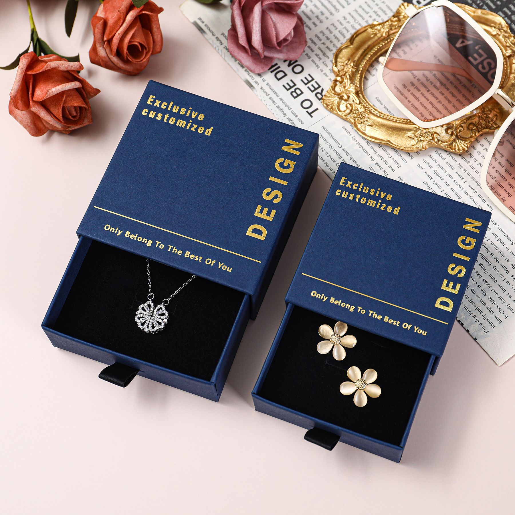 创意蓝色耳饰吊坠抽屉盒烫金水晶挂件手链首饰包装盒戒指盒批发