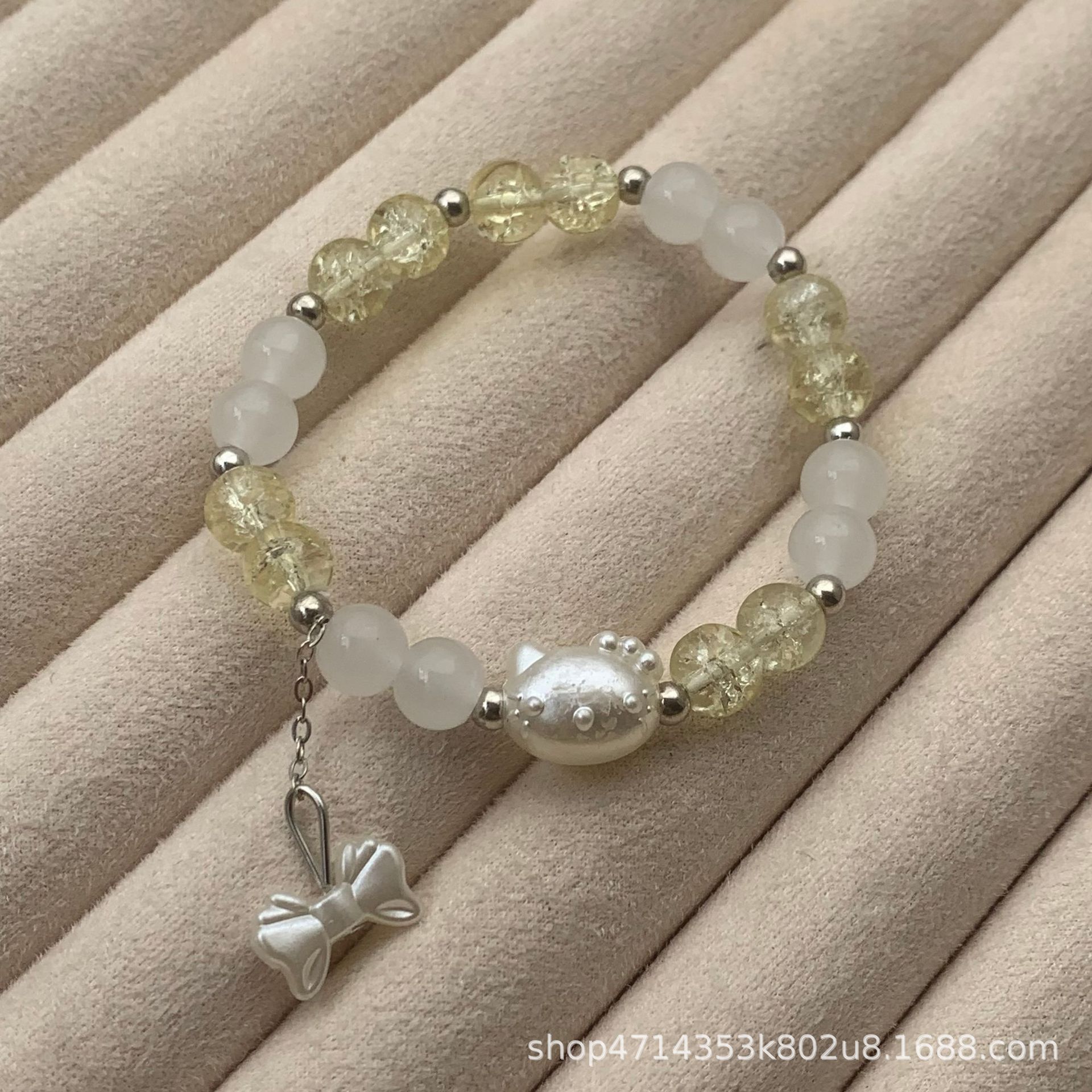 S185-8MM 연한 노란색 KT 고양이 리본 매듭 드롭 비즈 유리 팔찌#SZ1489용