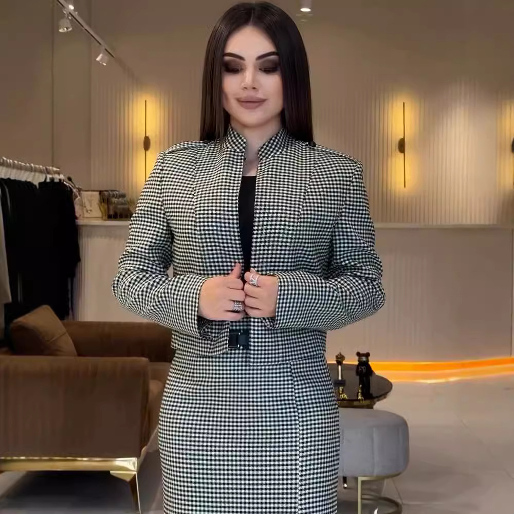 亚马逊2024欧美秋季新款定位格子通勤长袖包臀裙时尚两件套女装