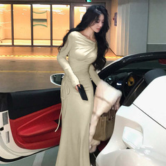 2025春秋新款荡领长袖连衣裙女抽绳收腰显瘦包臀鱼尾裙一件代发