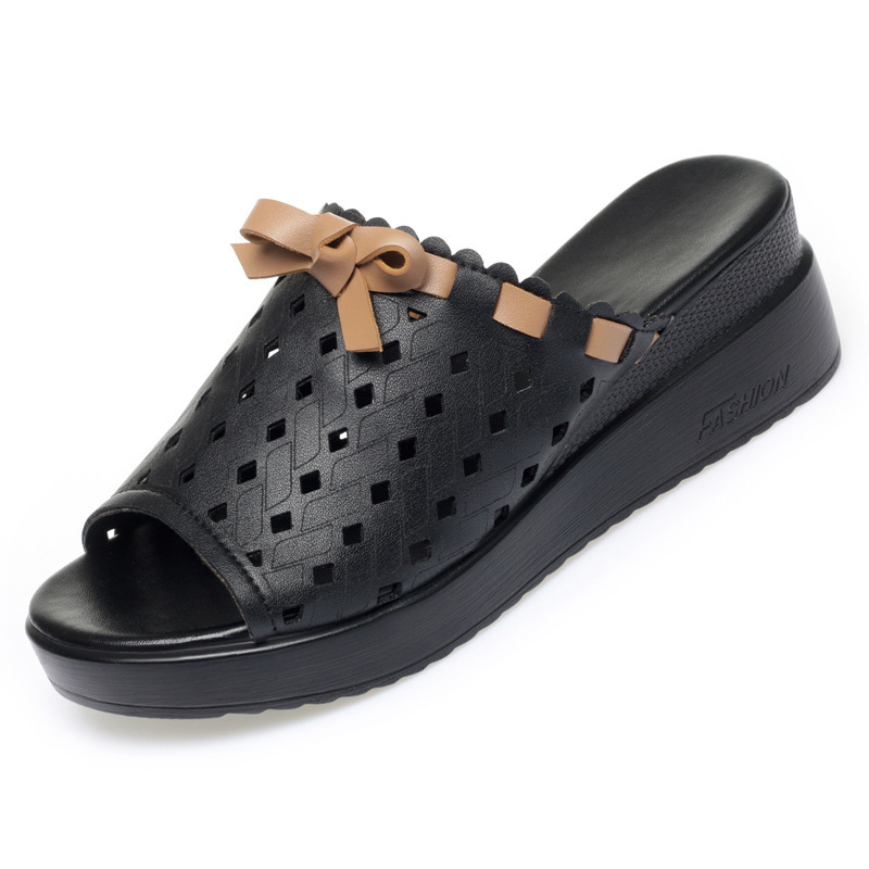 Dép sandal nữ quai chữ V đế dày da thật phong cách dân tộc — đen