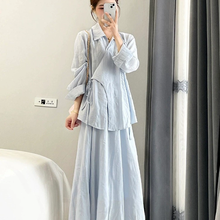 Новый китайский стиль, костюмная юбка в китайском стиле, женская летняя тонкая французская рубашка на шнуровке с длинными рукавами, солнцезащитная рубашка, юбка, комплект из двух предметов