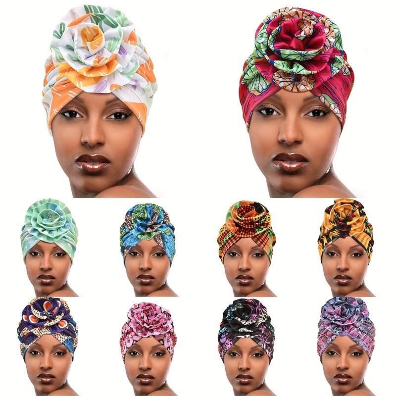 Cross-Border New Style European and American Popular Elastic Women's Large Floral Crinkled Elastic Headscarf Hat Turban Hair Cap