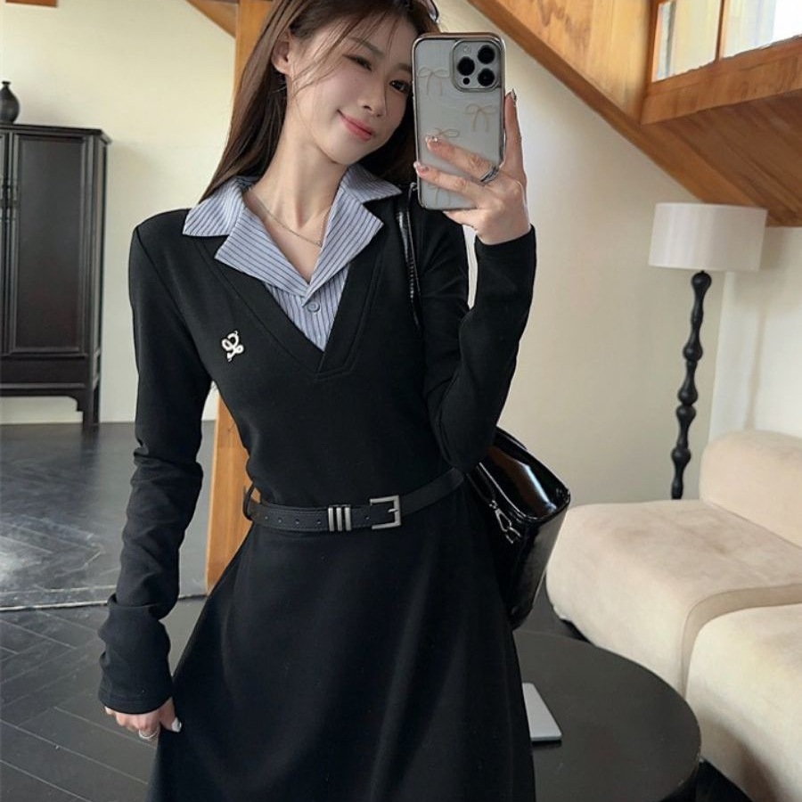 秋冬气质连衣裙女大码微胖mm韩版通勤翻领拼接假两件收腰显瘦长裙