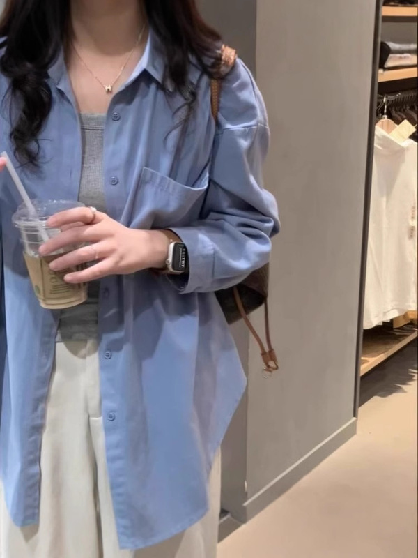 纯棉蓝色衬衫女春秋新款小清新宽松休闲百搭显瘦通勤衬衣外套上衣|undefined