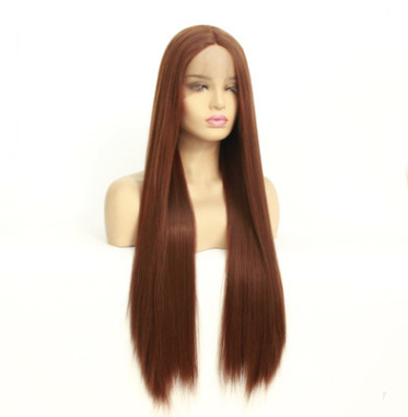 Peluca europea y americana popular marrón 8 # corte medio largo cabello liso fibra química frente encaje fábrica al por mayor LW0051