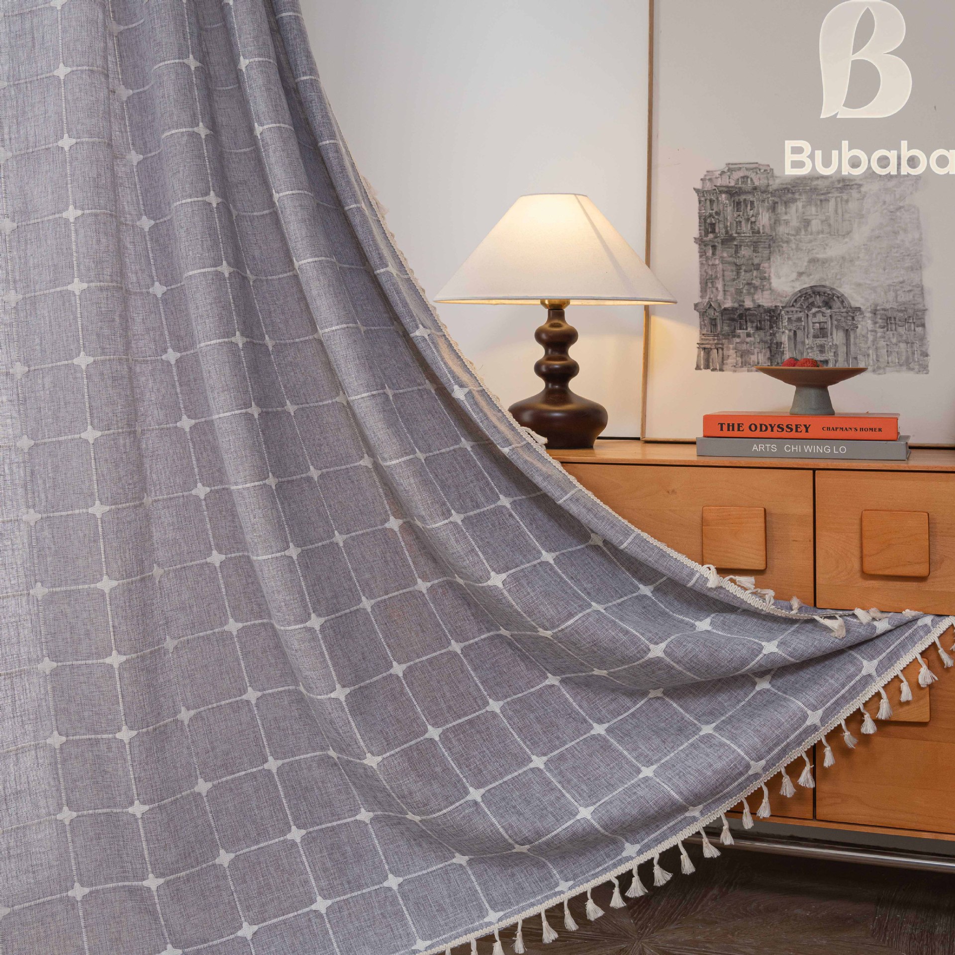 로드 - 그레이 미디엄 체크 무늬 + 베이지 맞춤형 태슬