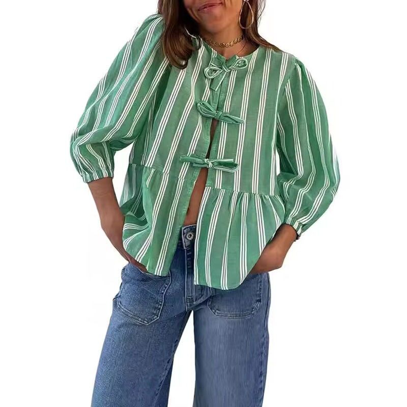 Cross-border European and American spring new stylish striped shirt retro short-sleeve women's shirt