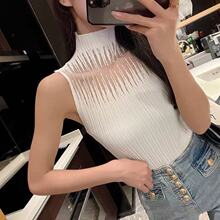 纯欲网纱拼接针织打底衫女夏季甜辣妹短款高领小背心修身内搭上衣