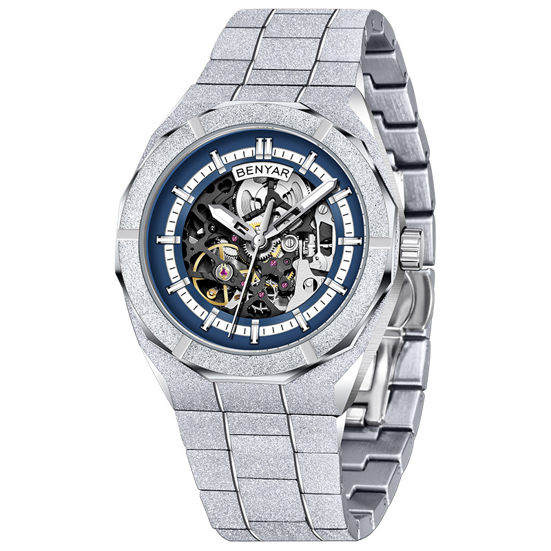 Benyabenyar reloj de hombre mecánico automático de moda impermeable nocturna deportivo hueco reloj de pulsera de acero 5212