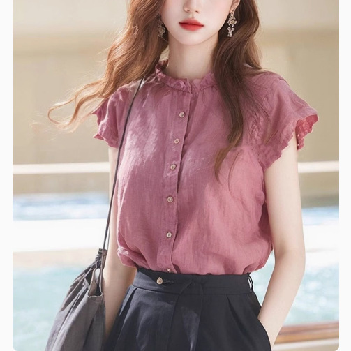 木の耳元の立襟の亜麻の小さい飛の袖のシャツの女性のモコの魚の元は小さい大衆の夏の独特で美しいシャツを作ります。|undefined