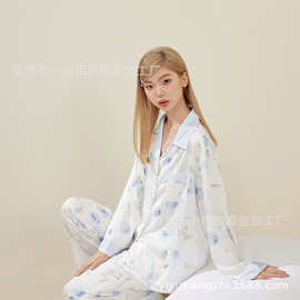春季流行新款蓝芍药法式风睡衣女  休闲舒适仿真丝女士家居服批发