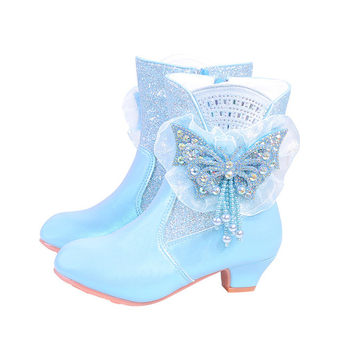 New Women's Children Princess Boots with High Heels Frozen Elsa Butterfly Bow Fleece Warm Children Mid-Calf Boots