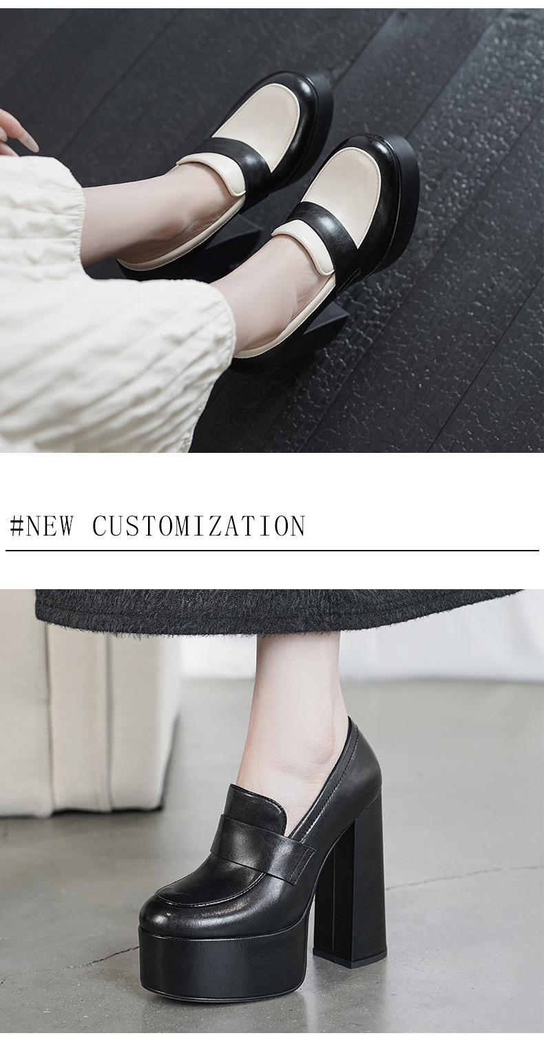 Giày cao gót nữ đế xuồng platform gót vuông 14cm, phong cách trình diễn, đế dày không mỏi chân — màu đen, màu trắng ngà chi tiết 3