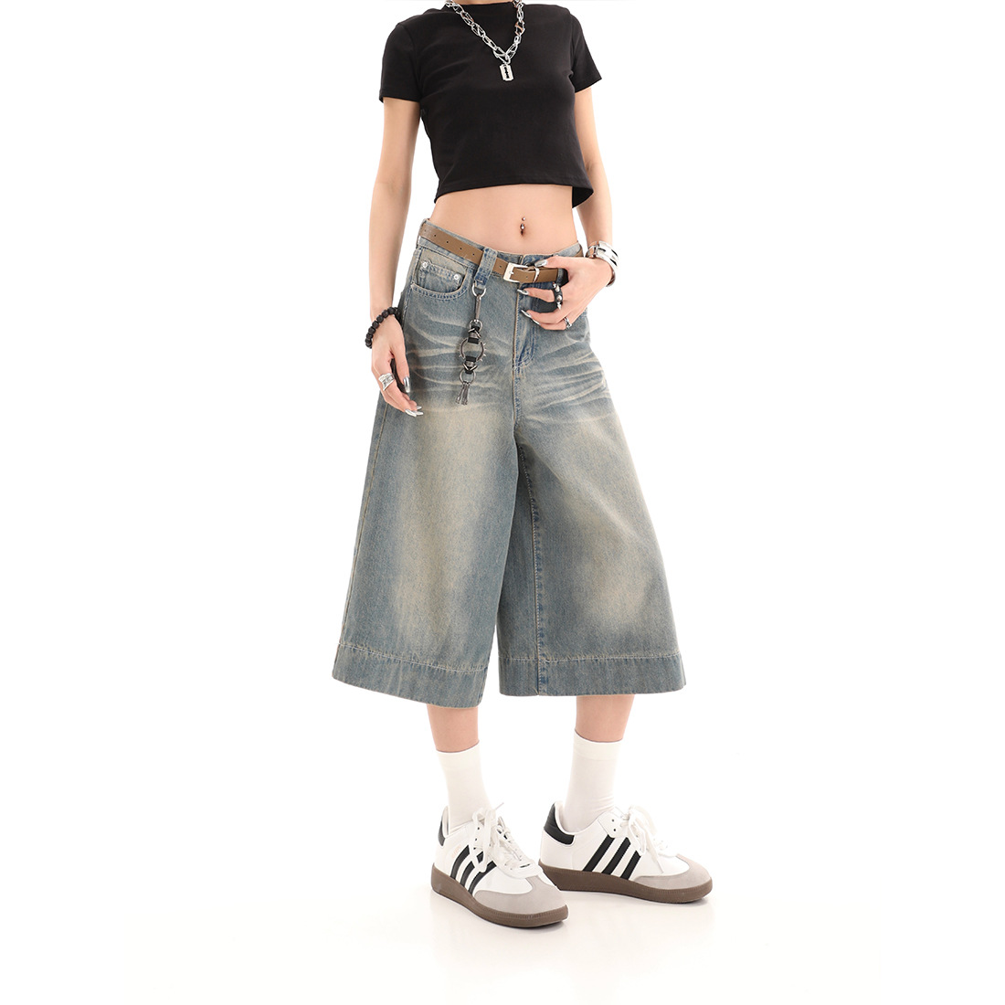 American Niche 7-point Jeans Loose Summer Vintage Washed Straight Leg Pants for Boys Ins All-match Shorts Wide Leg Pants