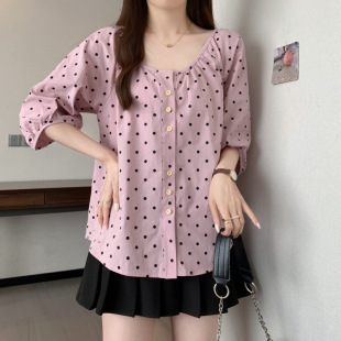 Summer New Plus Size Women's V-Neck Lantern Sleeve A-Line Sweet Polka Dot Baby Doll Shirt m 4XL 100kg