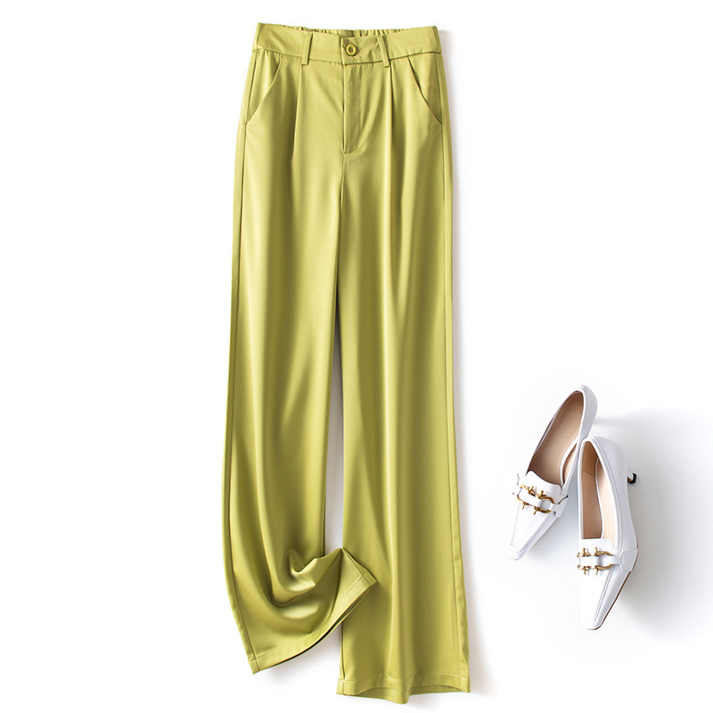 Acetate Wide-Leg Pants for Women, Classy, No-Iron, Drapedy Silks and Satins, High-Waisted Elastic Straight Pants, Floor-Length Swing Pants