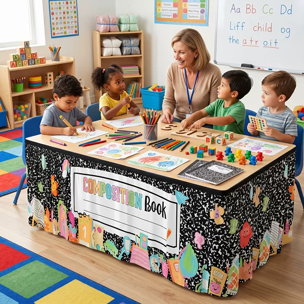 Cute Crayon-Themed Student Desk Dustproof Tablecloth for Kindergarten and Early Education Centers, Handmade Painting Table Skirt Tablecloth