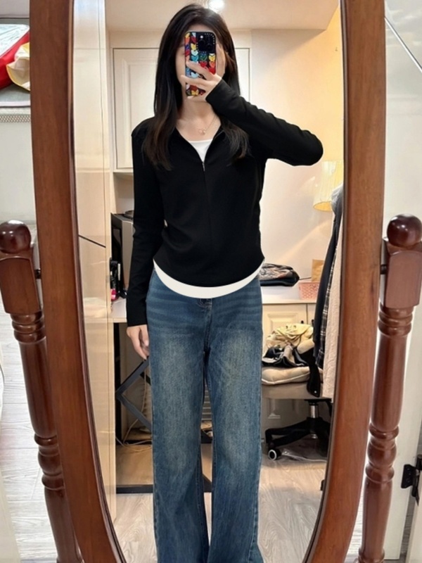 黑色捏褶显瘦拉链半开领长袖t恤女2025春季新款假两件打底衫上衣|undefined