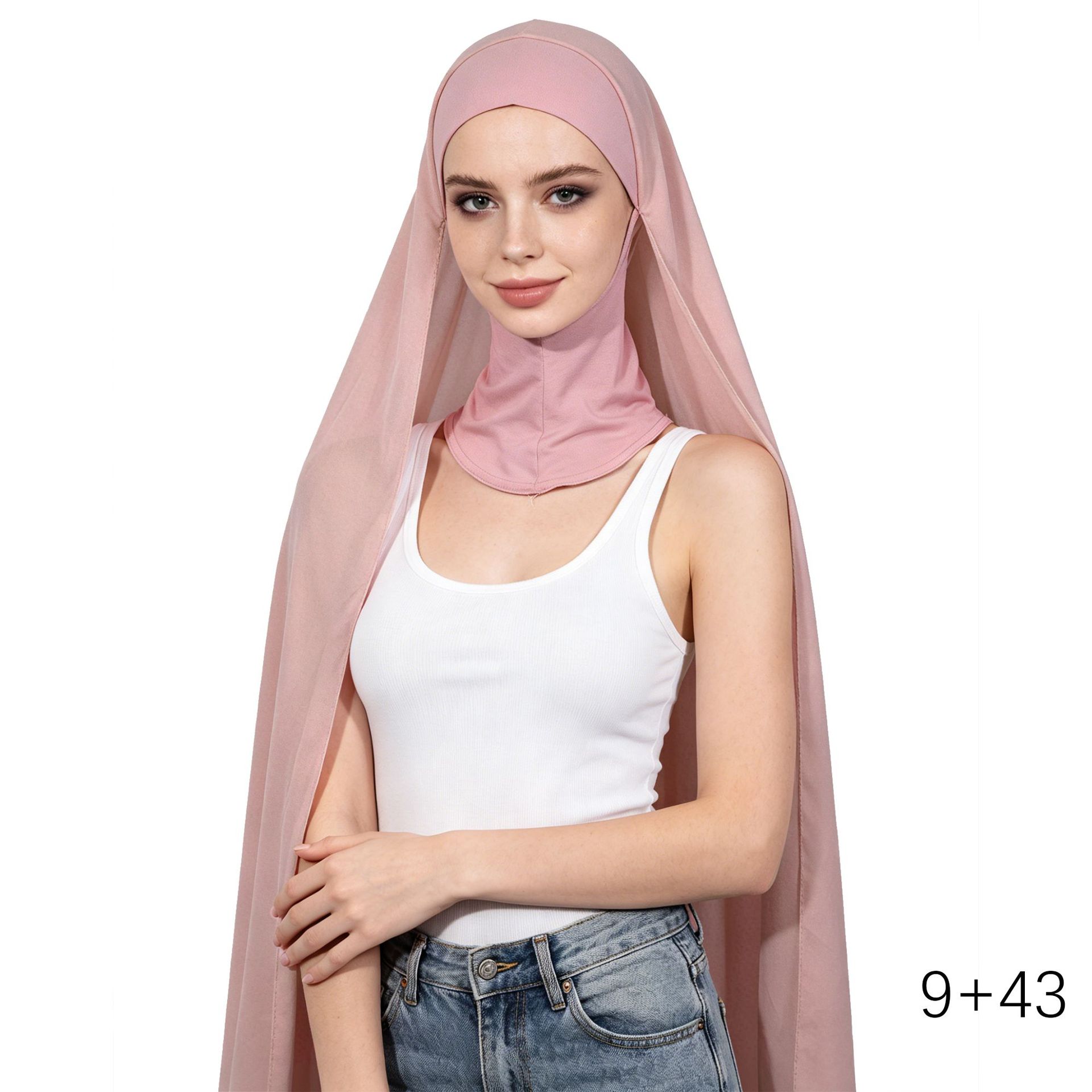 【One-Piece】New Chiffon Scarf and Base Hat Set, Single-Color Pearl Chiffon Headscarf, Pullover Base Hat and Scarf