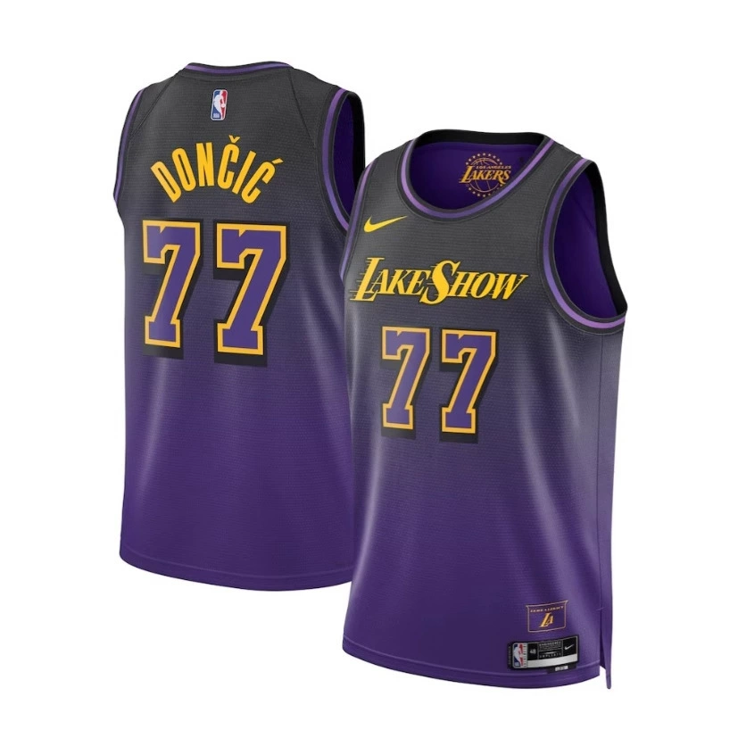 Новая баскетбольная форма Lakers № 77 Doncic City Edition желтого цвета с принтом может быть изготовлена по индивидуальному заказу