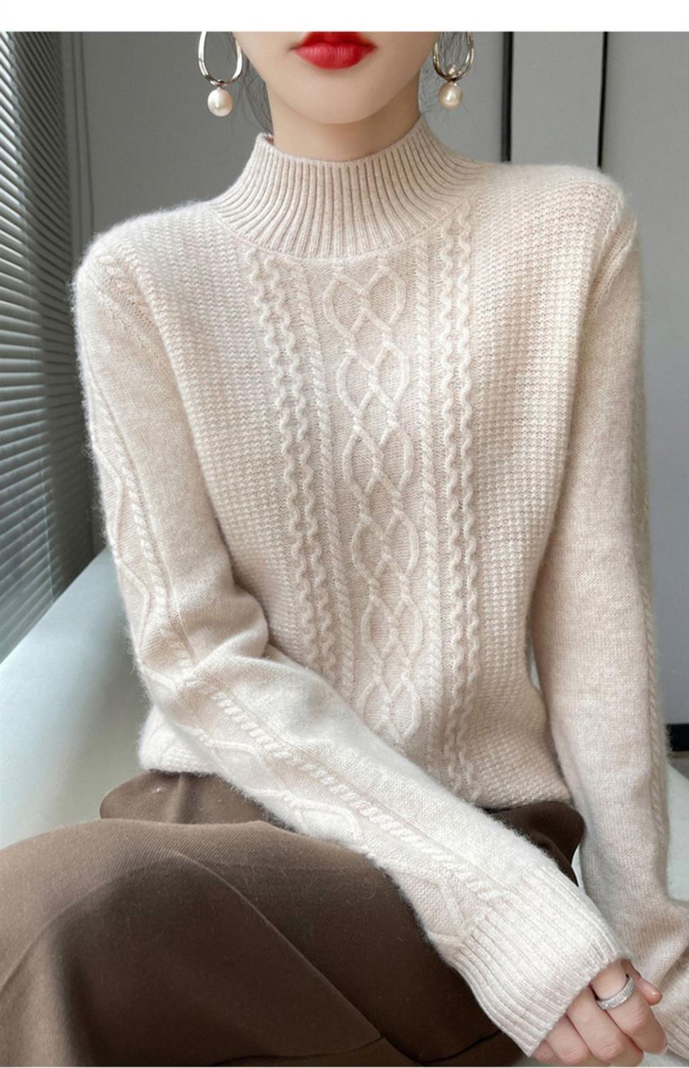 【 Cashmere Family 】 Halbhoher, kurzer Pullover im Rautenmuster mit lockerer Wollbasis für Damen mit dicker Strickschicht_voghion.com