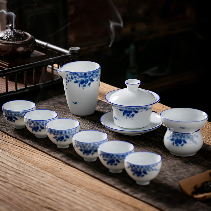Juego de té de Kung Fu de cerámica de estilo japonés traje de hogar pintado a mano porcelana blanca sancai Tazón de cubierta taza de té tetera